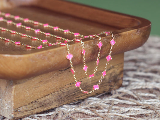 Berry Bloom Hot Pink Opal Enamel Chain | 4.3mm Clover Chain for Permanent Jewelry | 14K Gold Filled Chain by the Foot