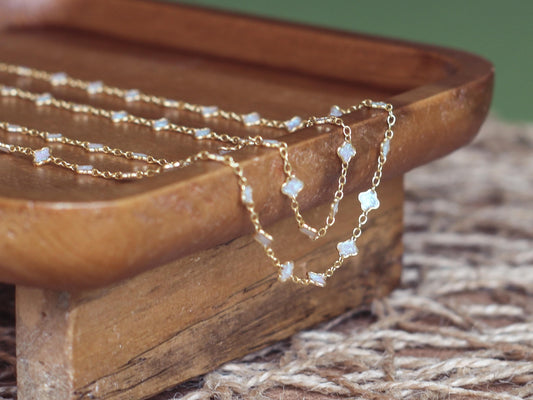 Arctic Opal White Blue Enamel Clover Chain | 4.3mm Opal Clover Chain for Permanent Jewelry | 14K Gold Filled Chain by the Foot