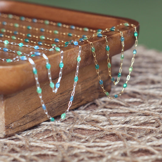 Sea Glass Sunburst Enamel Chain | Clear Aqua Seafoam Iridescent Chain | Permanent Jewelry Chain | Gold Filled or Sterling Silver by the Foot
