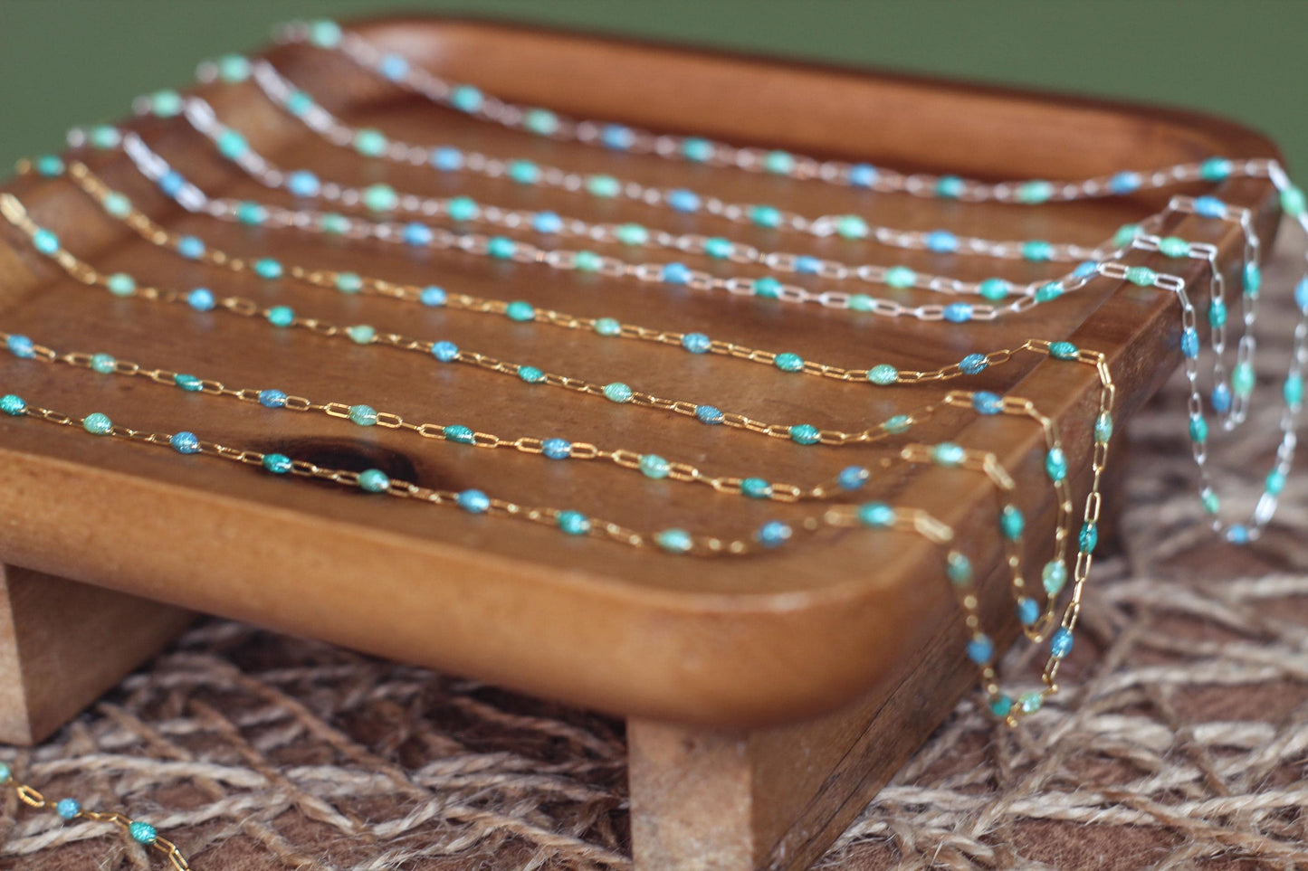 Ocean Opal Glitter Enamel Chain | Seafoam Blue Teal Iridescent Paperclip | Permanent Jewelry| Gold Filled or Sterling Silver by the Foot