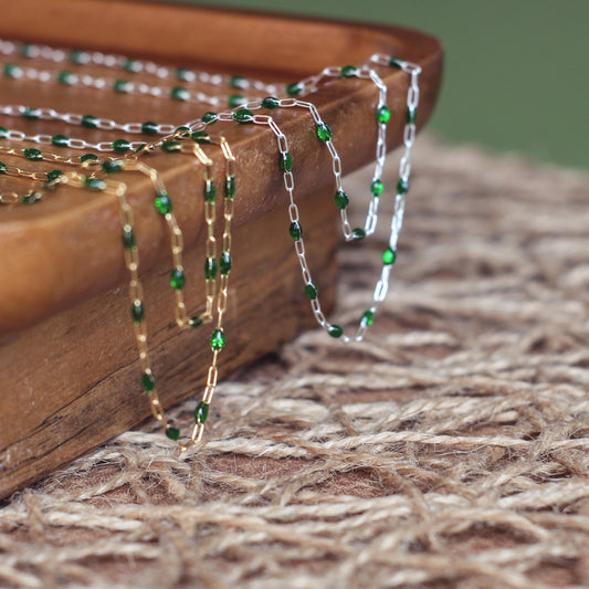 Emerald Glow Green Enamel Sunburst Paperclip Chain | Jewel Tone Permanent Jewelry Chain | 14K Gold Filled & Sterling Silver by the Foot