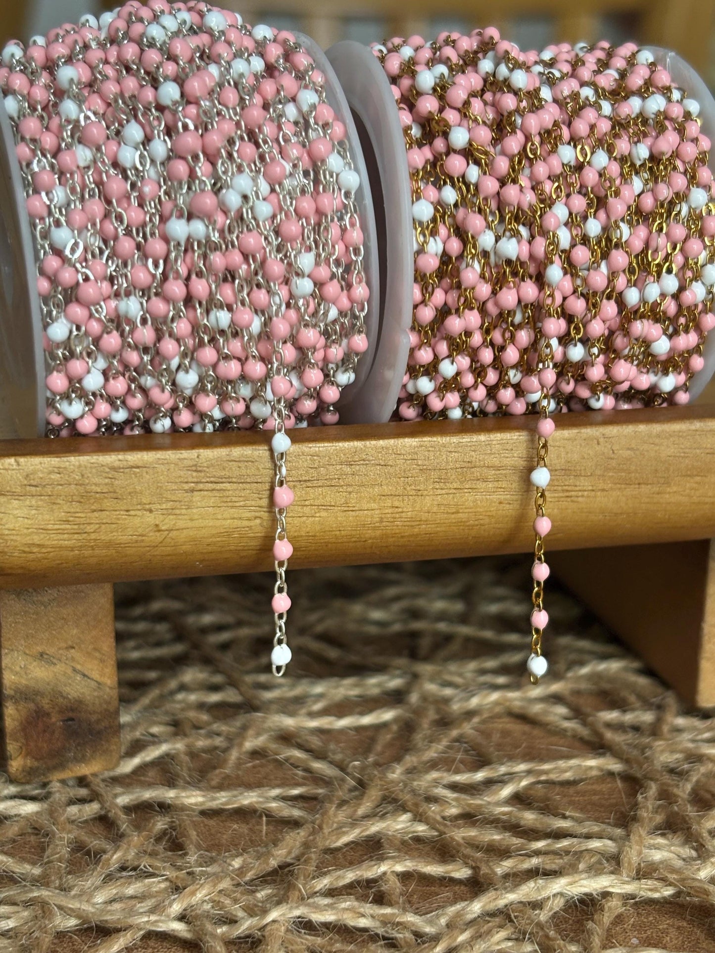 Pastel Pink and White Enamel PVD Stainless Steel Permanent Jewelry Chain Craft Sold By The Foot