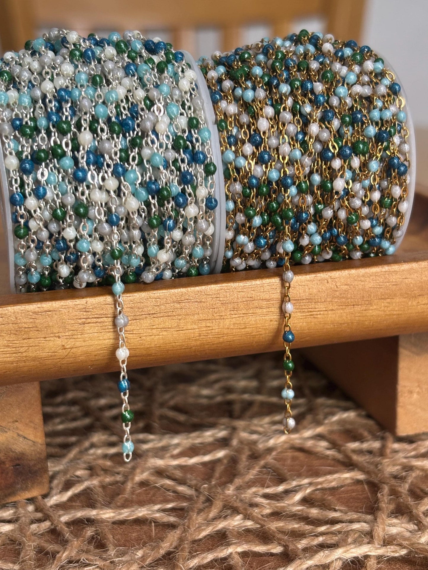 Lakeside Blue Green White Grey Pearl Tone Enamel PVD Stainless Steel Permanent Jewelry Chain Craft Sold By The Foot